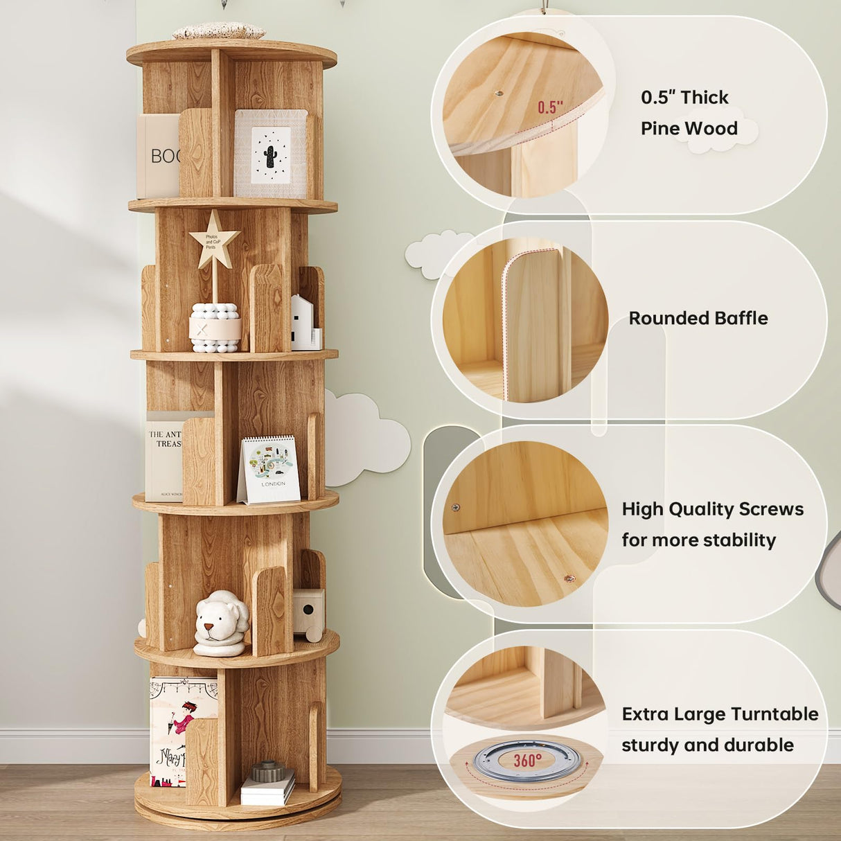 MXV Rotating Bookshelf, 360° Display 5 Tier Floor Standing Bookcase, Storage Rack for Kids&Adult, Multi-Functional Bookshelf Organizer for Bedroom, Study Room and Living Room MXV