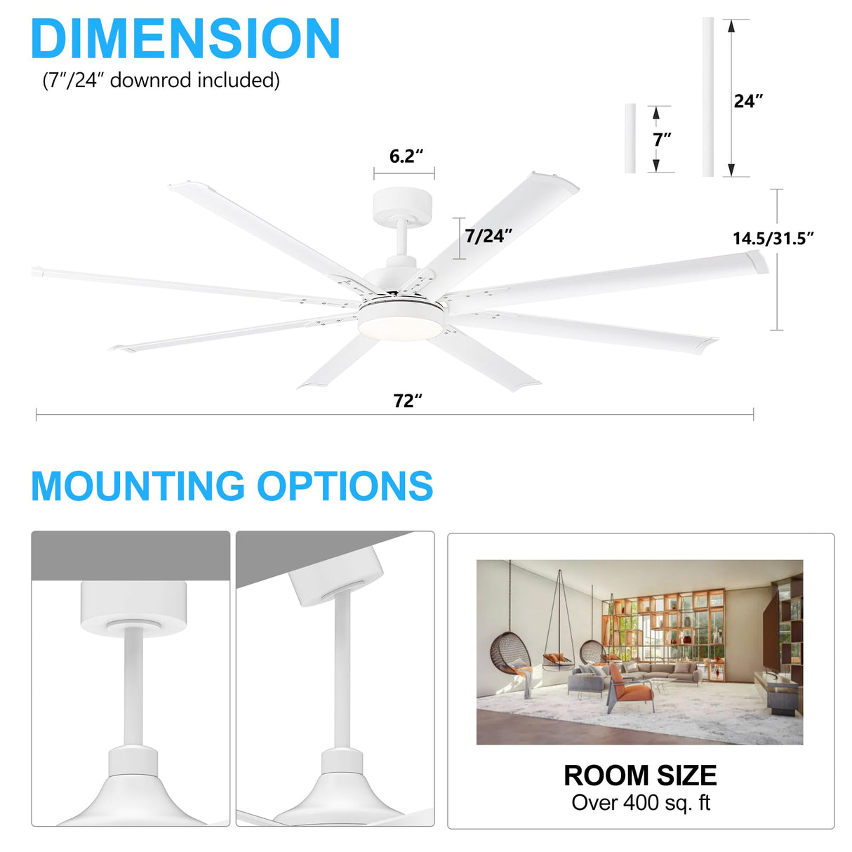72 inch Ceiling Fans with Lights, Large White Industrial Ceiling Fan with LED and Remote Control, 6 Speeds Reversible DC Motor and 8 Blades Ceiling Fan for Indoor/Outdoor Patio Bedroom Living Room Breezary