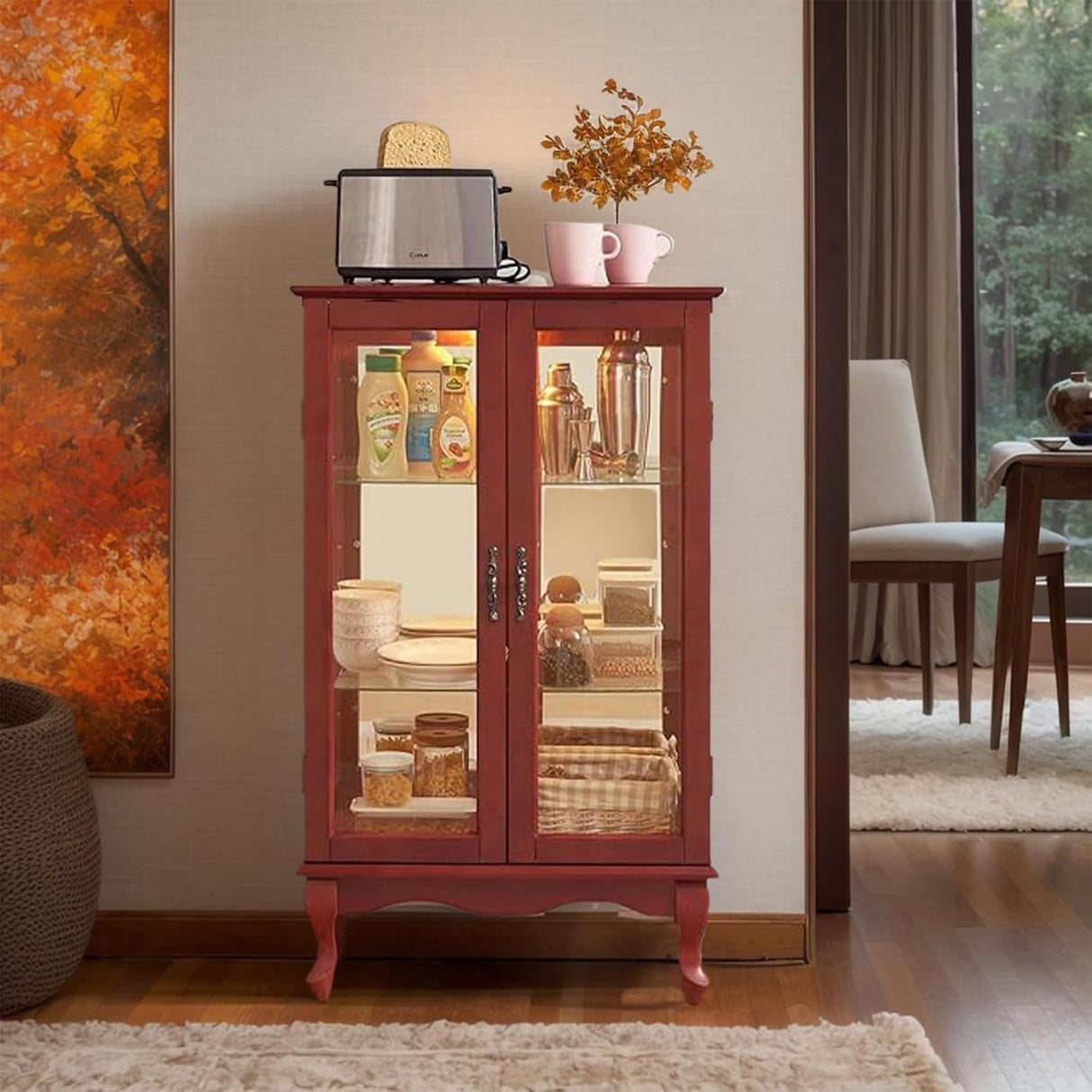 43"H Lighted Display Curio Cabinet, 3-Tier Glass Accent Storage Cabinet Curio Showcase w/ 2 Doors & Adjustable Shelves, Wine Artwork Storage Rack w/ Mirrored Back Panel for Living Room (Cherry) TRJQBCC