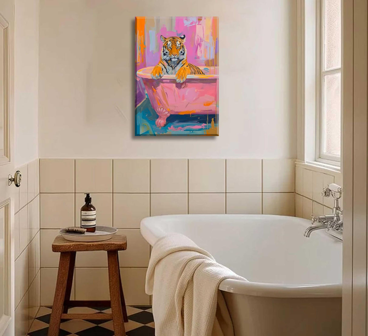 Vibrant Tiger in Bathtub Paint by Number Kit with Frame, 12x16inch Colorful Whimsical Animal DIY Painting for Adults and Kids, Art Craft Supplies Generic