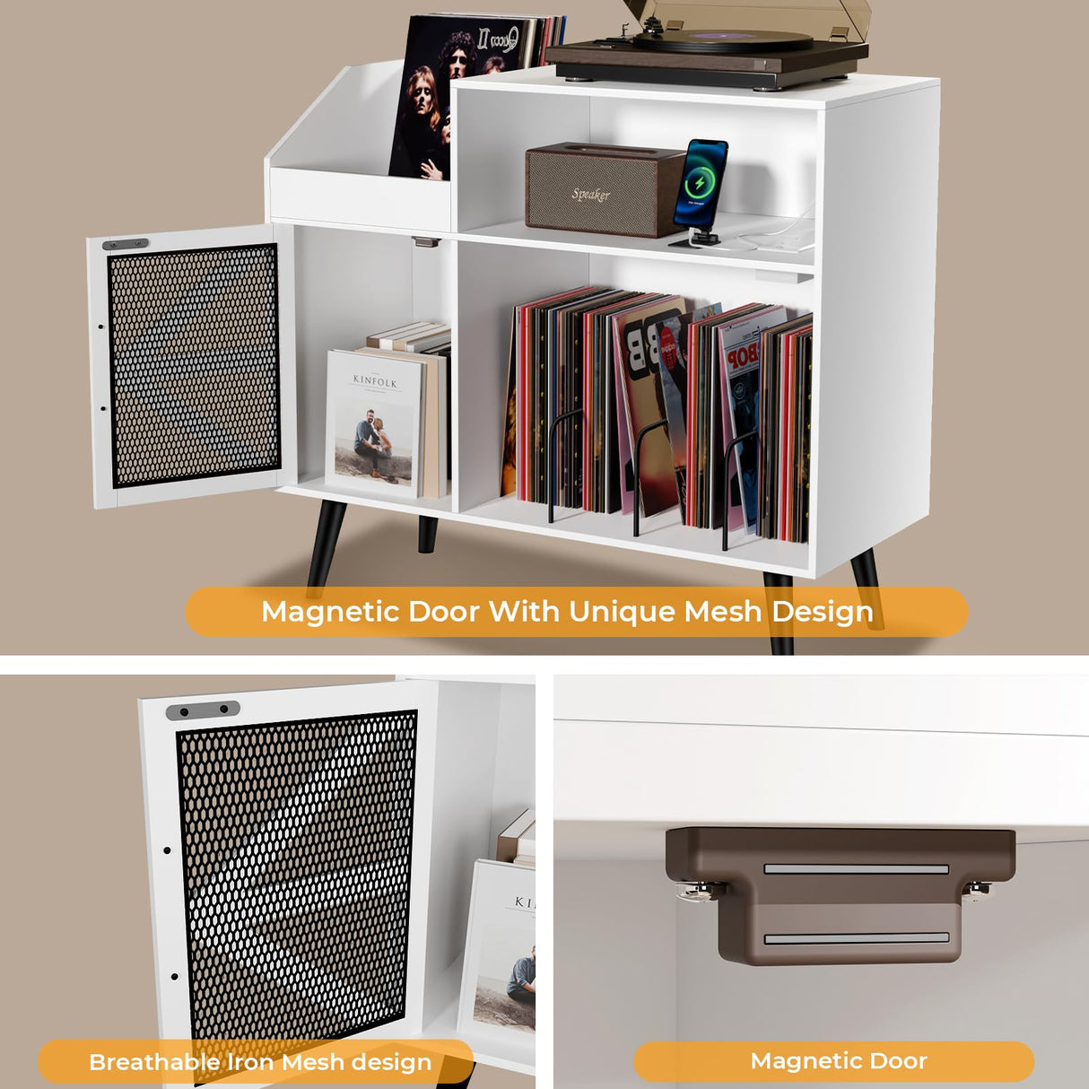 Large White Record Player Stand with Magnetic Door,350 Vinyl Record Storage Cabinet, Record Player Table with Power Outlet & LED Light,Turntable Stand with Wood Legs for Living Room,Bedroom,Office Bonvork