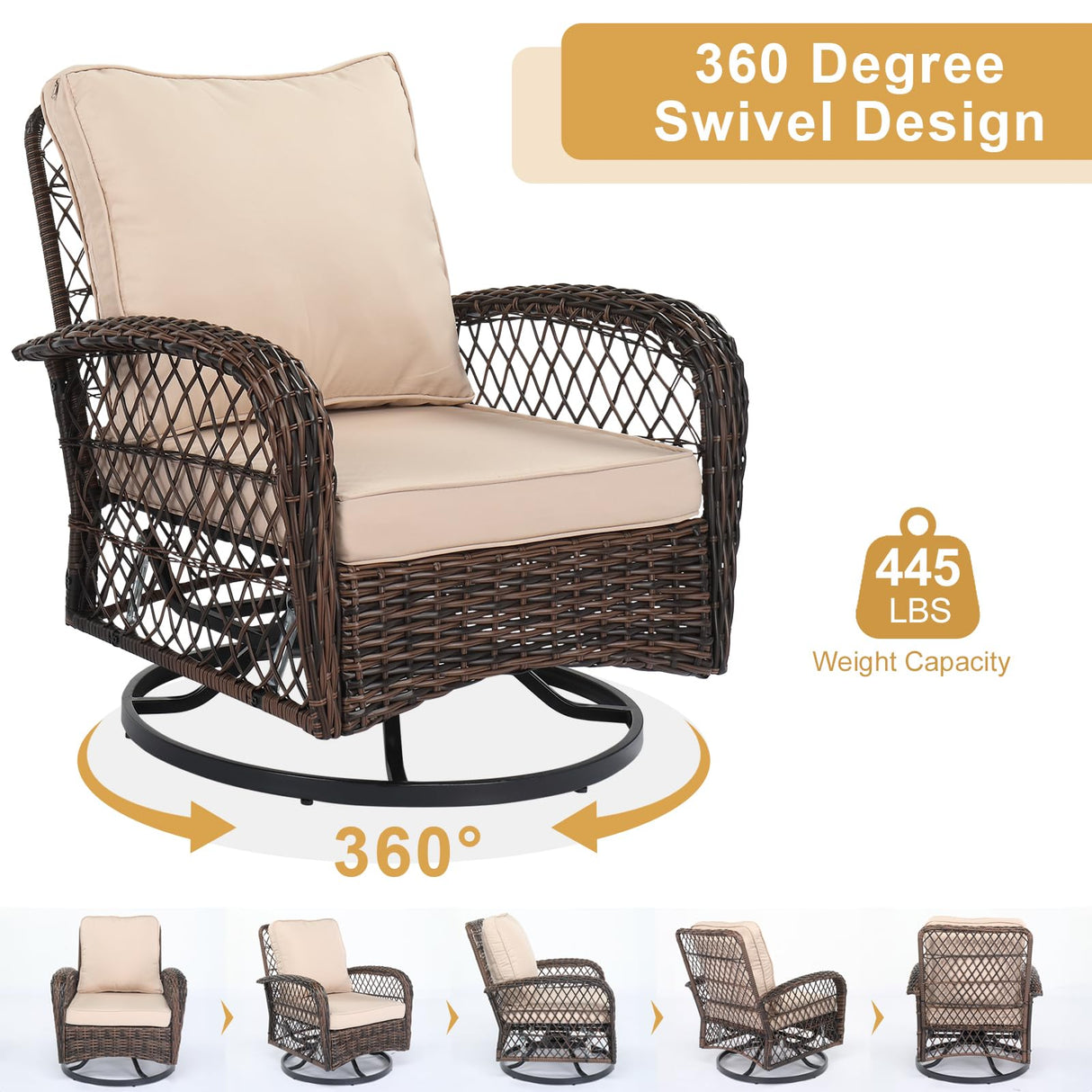 VINGLI 3 Pieces Outdoor Swivel Chairs Set of 2 and Side Table, Wicker Outdoor Rocking Chairs Patio Swivel Rocker Chairs Set for Porch Deck Backyard VINGLI