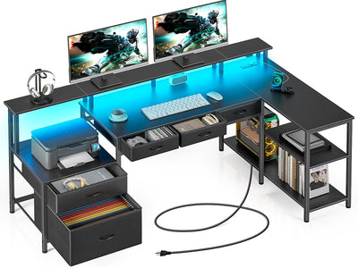 Seventable L Shaped Desk with File Drawers, 64" Home Office Desk with Power Outlet & LED Lights, Reversible Gaming Desk with Printer Storage Shelves, Corner Computer Desk with Monitor Stands, Black