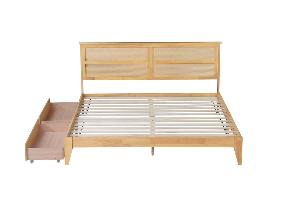 DEINPPA King Bed Frame Solid Rubber Wood Platform Bed with Rattan Headboard and 2 Storage Drawers, Boho Style/Wooden Slats Support/Noise-Free/8 inch Space Underneath/No Box Spring Need-Natural DEINPPA