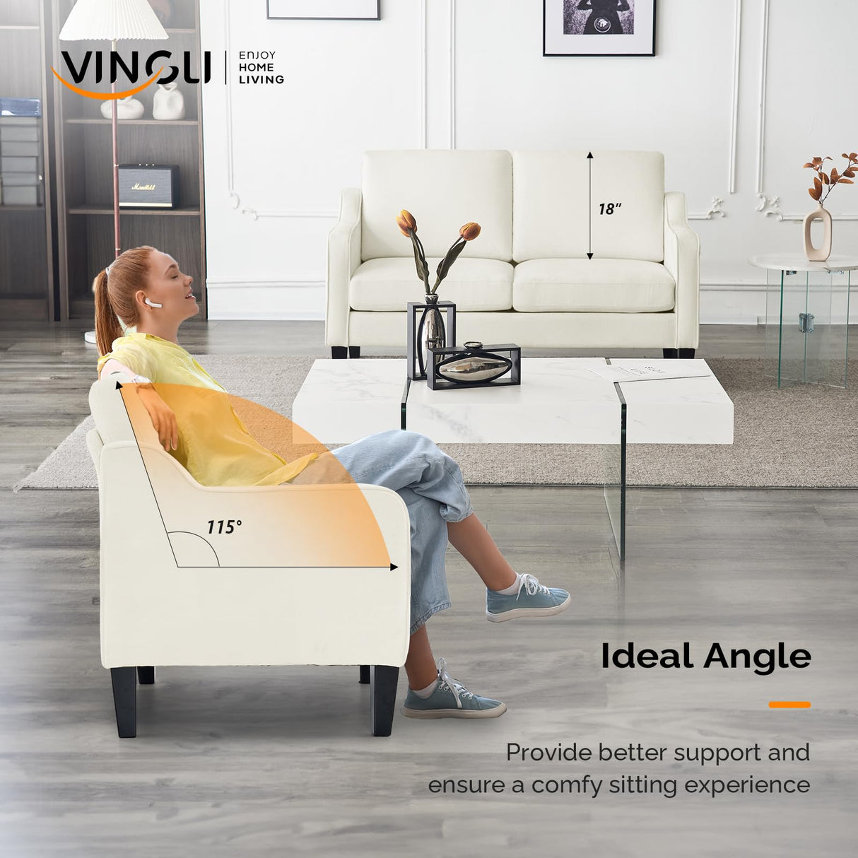 VINGLI Loveseat Mid-Century Modern Loveseat Sofa Couch 53" Wide 2 Seater Sofa Couch Love Seat with Scooped Armrest for Small Spaces, Living Room, Dorm, Bedroom, Apartment (Creamy White) VINGLI