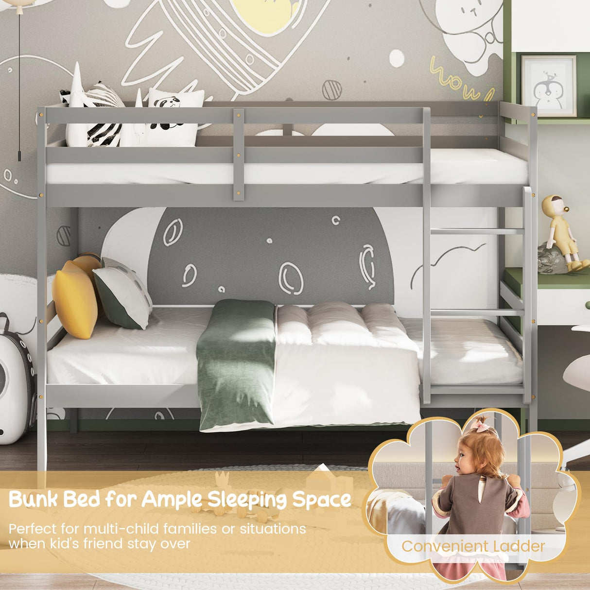 Giantex Twin Over Twin Solid Wood Bunk Bed with Safety Guard Rails and Ladder in Grey Giantex