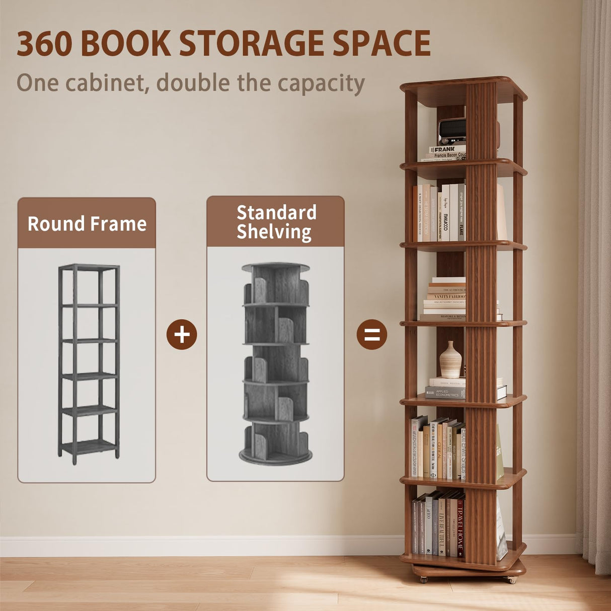 DONGMUWUJEE Solid Wood Rotating Bookshelf, 6-Tier Rolling Book Shelf,360 Degree Revolving Bookcase,Spinning Bookshelf Tower for Small Spaces, Corner, Bedroom,Office,Living Room,Classroom (Walnut) DONGMUWUJEE