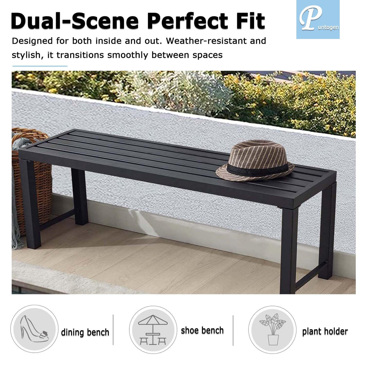 Black Outdoor Bench, Outdoor Metal Backless Bench, 46" Patio Garden Bench for Outdoor, All Weather Outdoor Bench for Garden, Backyard, Porch, Black Puntogen