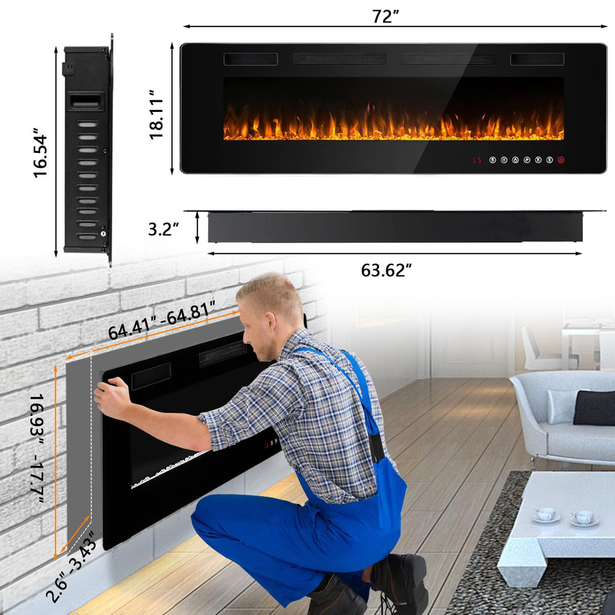 BOSSIN 72 inch Ultra-Thin Silence Linear Electric Fireplace, Recessed Wall Mounted Fireplace, Fit for 2 x 4 and 2 x 6 Stud, 12 Adjustable Flame Color & Speed,Touch Screen Remote Control with 8h Timer BOSSIN