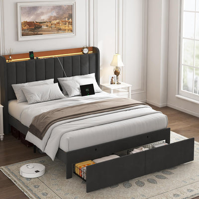 TIGUBFRE Dark Grey Full Size Upholstered Bed Frame with LED Lighting, Storage Headboard & Drawers