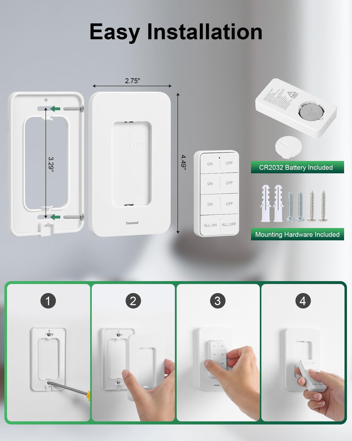 TREEWELL Remote Control Outlet Wireless Wall Mounted Light Switch, Programmable and Expandable Remote Light Switch Kit, No Wiring Needed, 200 Ft RF Range, 15A/1875W, Compact Design, ETL Listed treewell