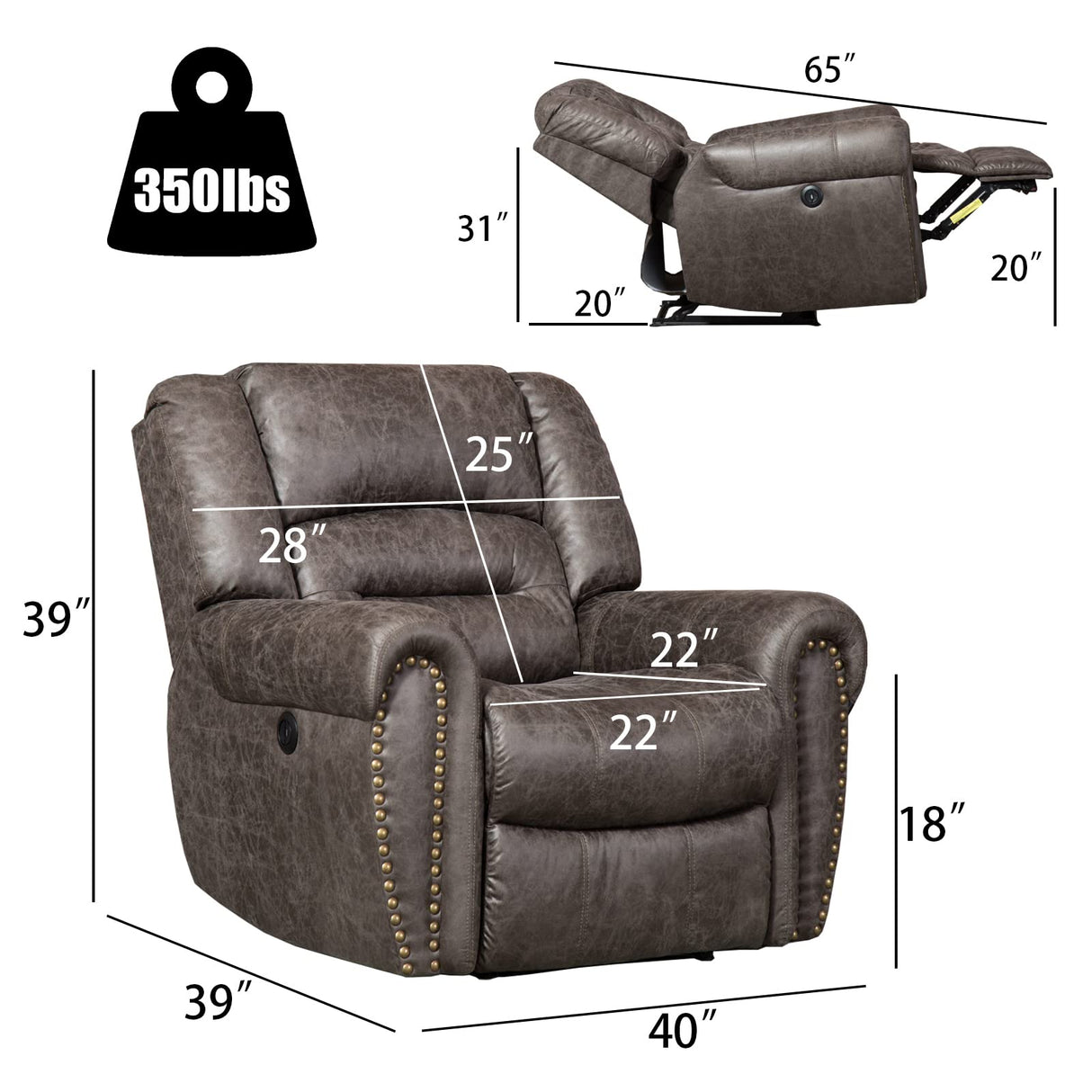 ANJ Electric Power Recliner Set of 2, Breathable Bonded Leather Reclining Chair Classic Home Theater Recliners Seating W/USB Port (Smoky Gray) ANJ