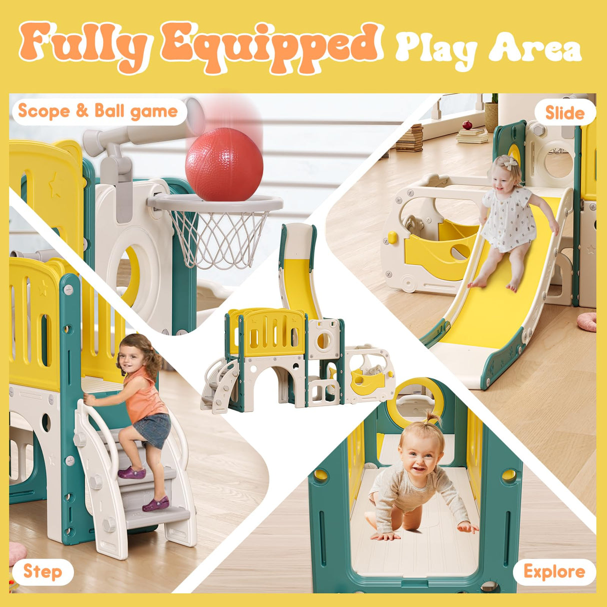 Toddler Slide Kids Slide Playset for Babies Bus Themed Toddler Playground with Climber Baskteball Hoop Indoor Playground Outdoor MOCUTEEN