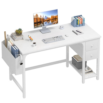 Lufeiya White Small Desk with Fabric Drawers, 47 Inch Computer Desk for Small Space Home Office, Modern Simple Study Writing Table PC Desks, White