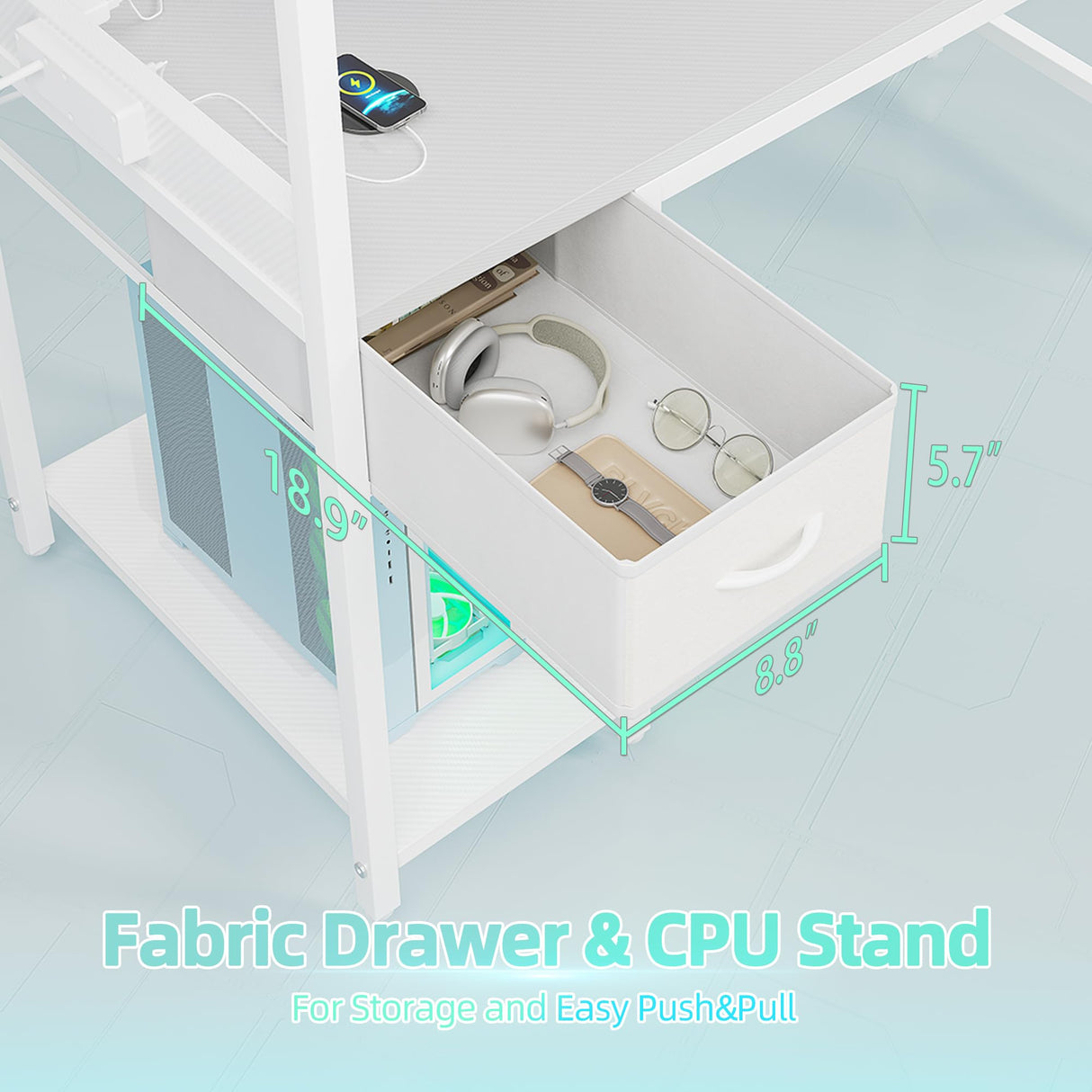 TIQLAB Gaming Desk 40 inch with Power Outlet and LED Light, Computer Desk with Reversible Shelves and Storage Drawer, Small PC Desk for Home Office Table with Bag, Carbon Fiber White TIQLAB