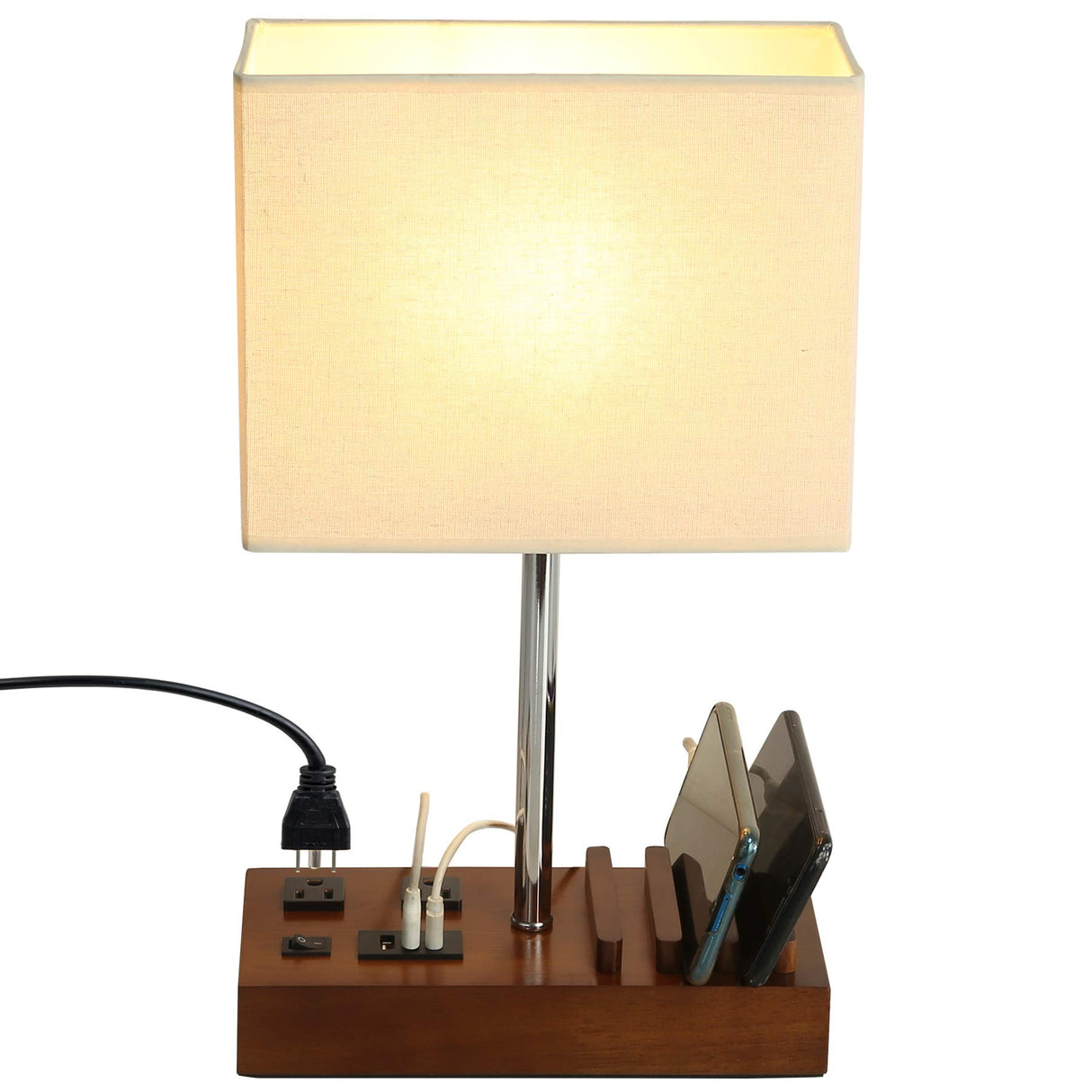 Briever USB Table Lamp, Multi-Functional Bedside Desk Lamp with 2 AC Outlets, 3 USB Charging Ports and Wooden Phone Stands, Modern Nightstand Lamp for Bedroom, Guest Room, Office Briever