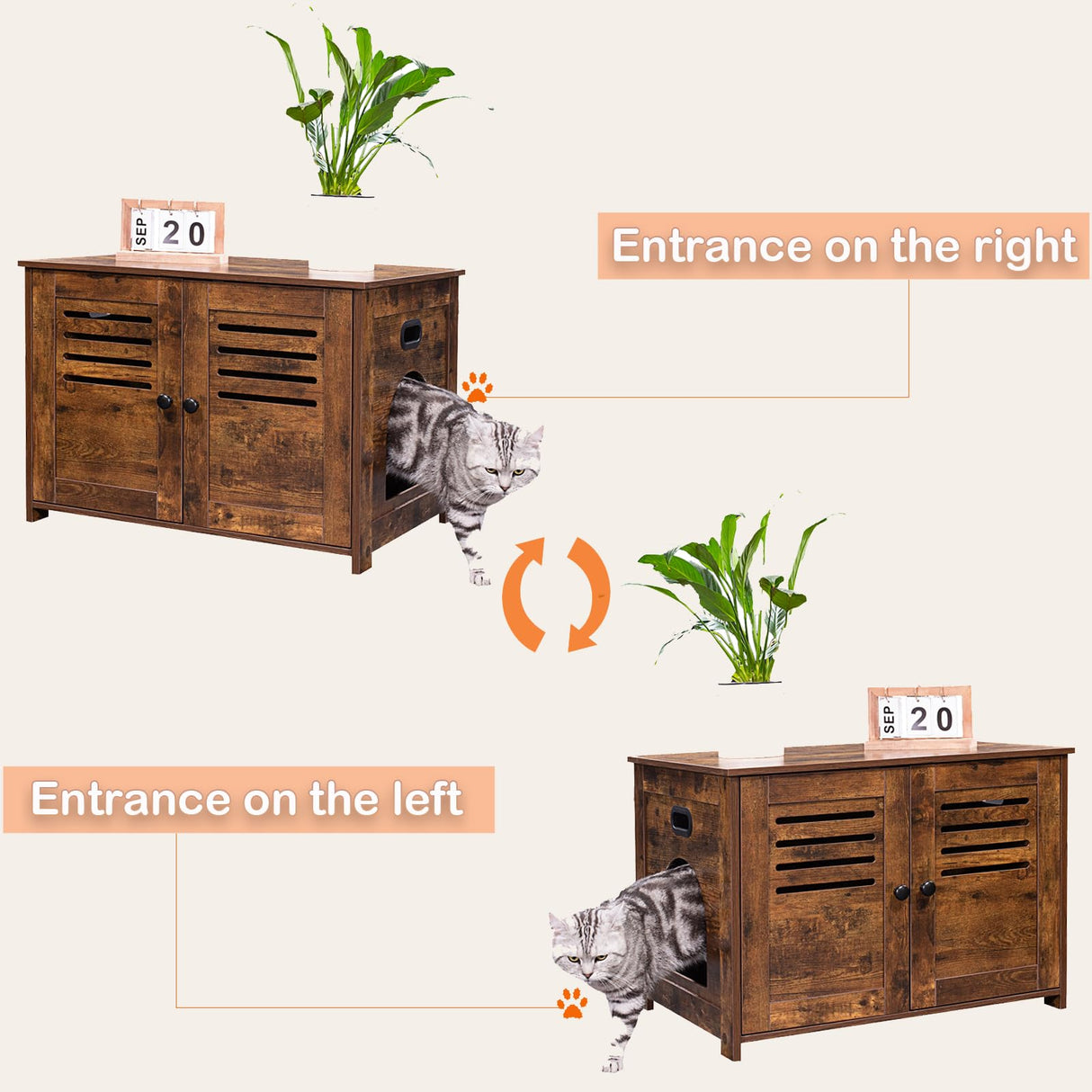 DINZI LVJ Litter Box Enclosure, Cat Litter House with Louvered Doors, Entrance Can Be on Left or Right Side, Spacious Hidden Washroom for Most of Litter Box, Cat Furniture Cabinet, Rustic Brown DINZI LVJ