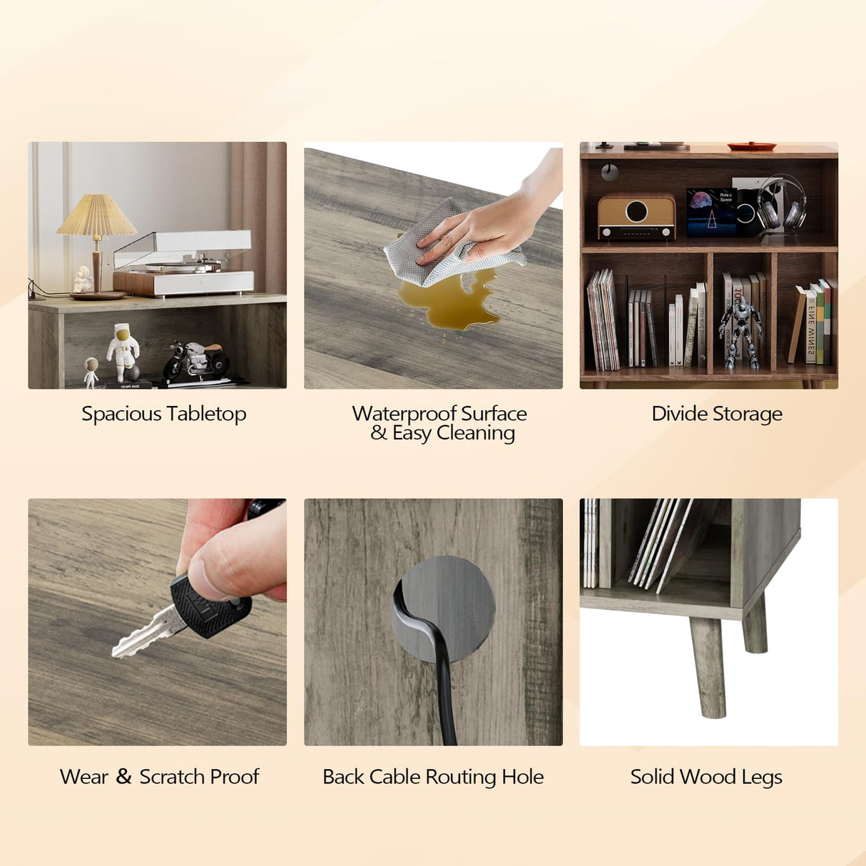 VINGLI Record Player Stand with Open Vinyl Storage, Mid-Century Album Storage Table with LED Light up to 300 Albums, Vinyl Record Player Shelf with Power Outlet for Living Room, Grey Oak VINGLI