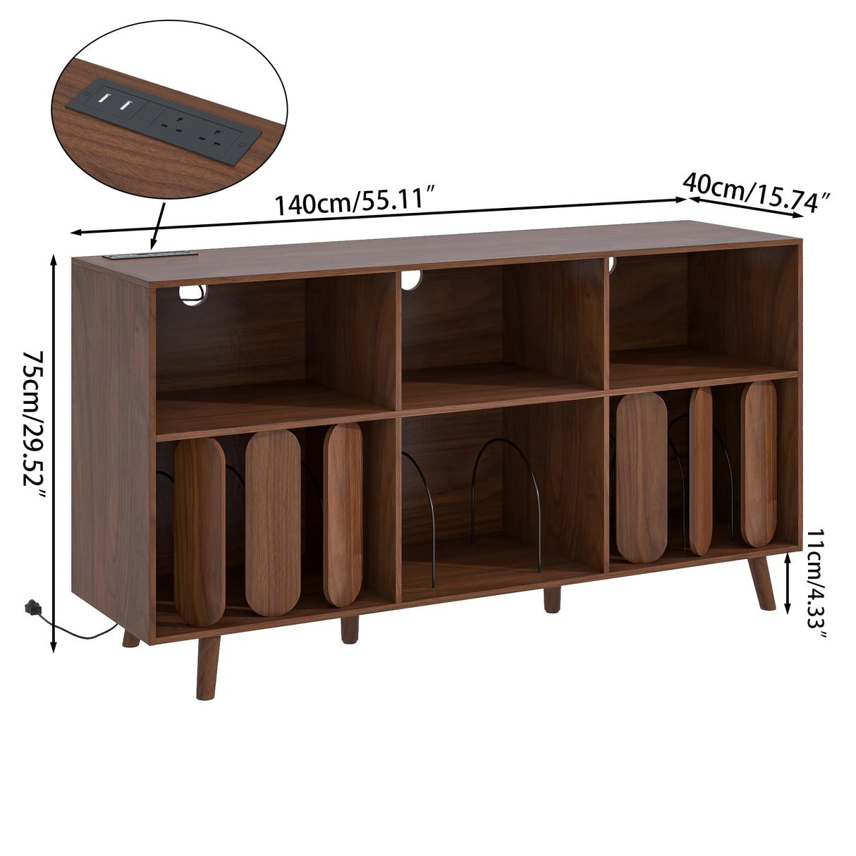 Oubayajia Large Record Player Stand With Power Outlet - Vinyl Storage Holder and Turntable Table (Walnut, 55.11''W*15.74''D*29.52''H) Oubayajia