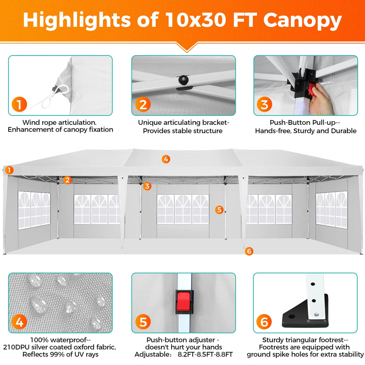 COBIZI 10x30 Pop Up Canopy Tent with Removable Sidewalls, Waterproof Portable Easy Up Canopy with Carry Bag, Instant Outdoor Shelter Tents for Parties, Events, Backyard Gatherings, Weddings, White COBIZI