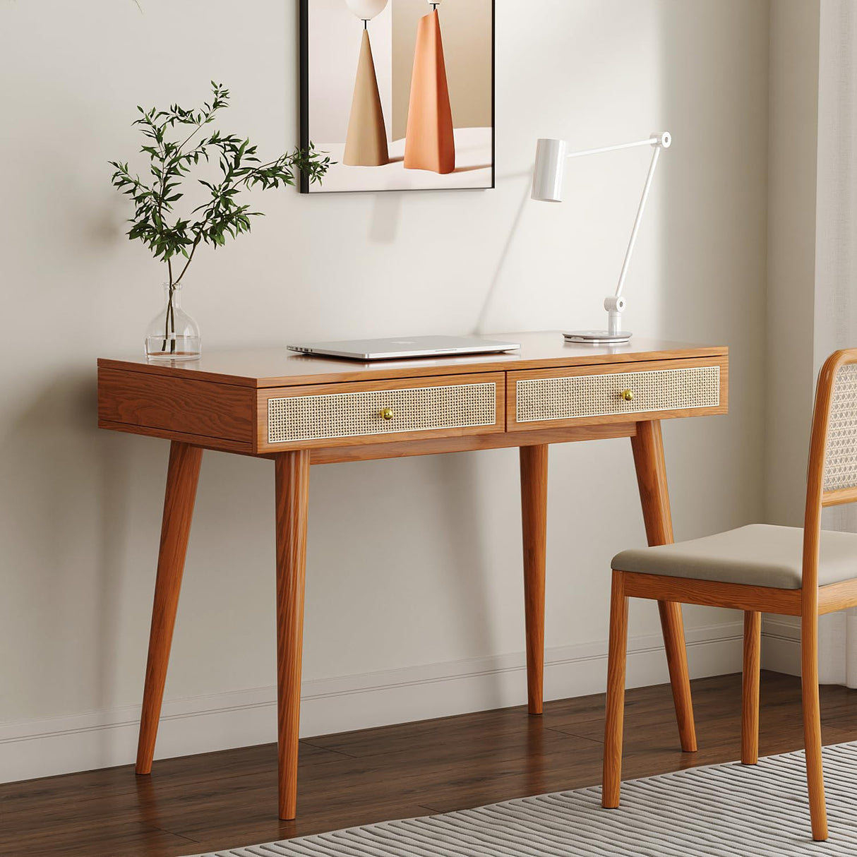 Longcoam Design Mid-Century Modern Solid Wood Desk with Drawers – 45 inch Small Boho Rattan Writing Desk for Home Office, Minimalist Design Natural Wood Table for Workspace Elegance Longcoam Design