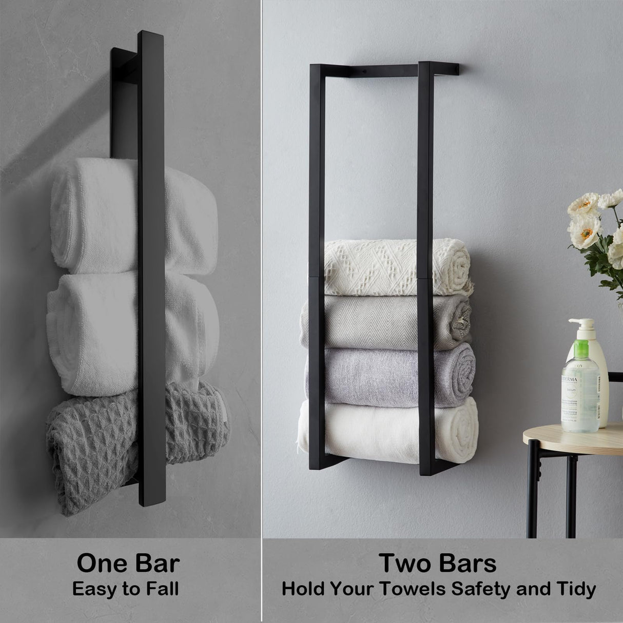 Towel Rack for Rolled Towels, Towel Rack for Bathroom,Wall Mounted Metal Bathroom Organizer, Bath Towel Holder Wall for Modern Small Space Bathroom Towel Storage (Black) Roeveca