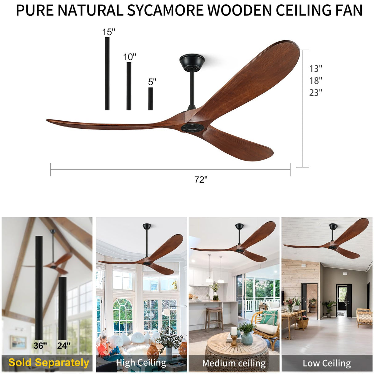 BOOSANT 72" Ceiling Fans without Lights, 72 inch Ceiling Fan no Light, High cfm Quiet 3 Blade Wood Walnut Ceiling Fan, Large Modern Ceiling Fan with Remote, Propeller Outdoor Ceiling Fans for Patios BOOSANT
