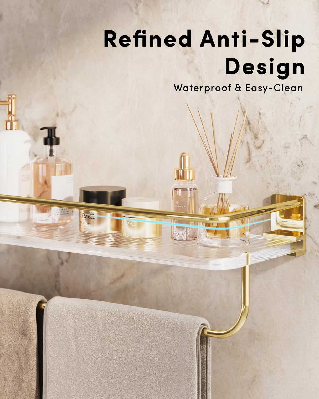 Onlysky Adhesive Bathroom Shelves, Acrylic Floating Bathroom Shelves, Rental Friendly Wall Shelf No Drill (Gold, 15.7 Inches) Onlysky