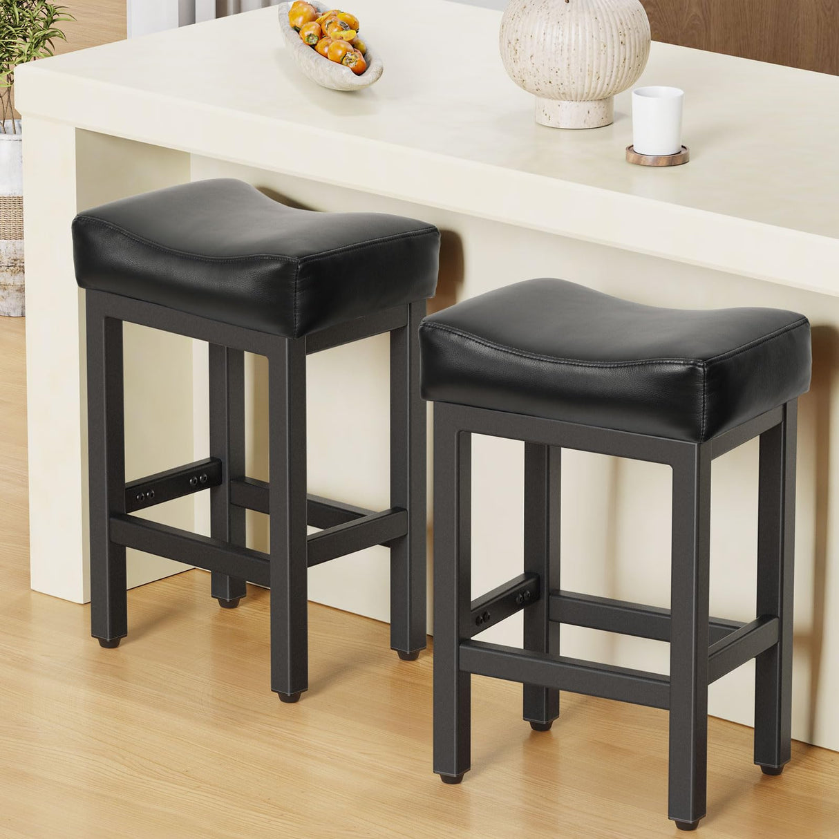 Raynesys Counter Height Bar Stools Set of 2, 24 Inch Barstools for Kitchen Island Counter, Bonded Leather Kitchen Stools with Thick Saddle Seats & Heavy Duty Metal Base, Easy Assembly, All Black Raynesys