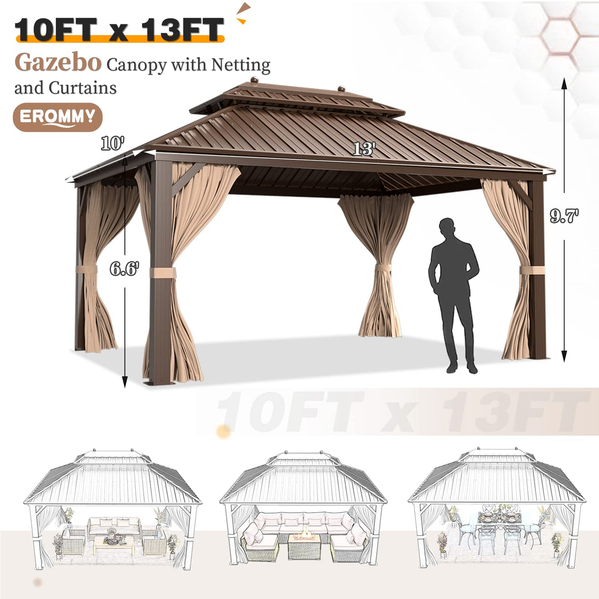 EROMMY 10'x13' Hardtop Gazebo Double Roof Galvanized Steel Canopy Outdoor Aluminum Frame Permanent Metal Pavilion with Netting and Curtains for Patio Backyard Deck and Lawns EROMMY