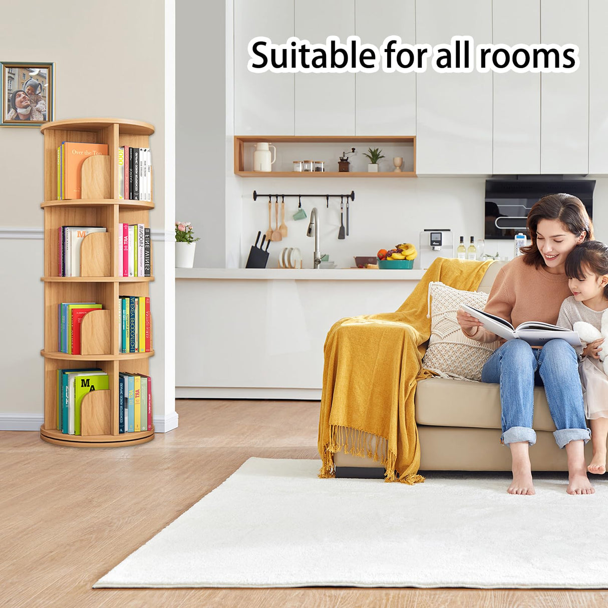 Feuusec 4-Tier Rotating Solid Wood Bookshelf Tower for Kids & Adults - Space-Saving Corner Display Bookcase Feuusec