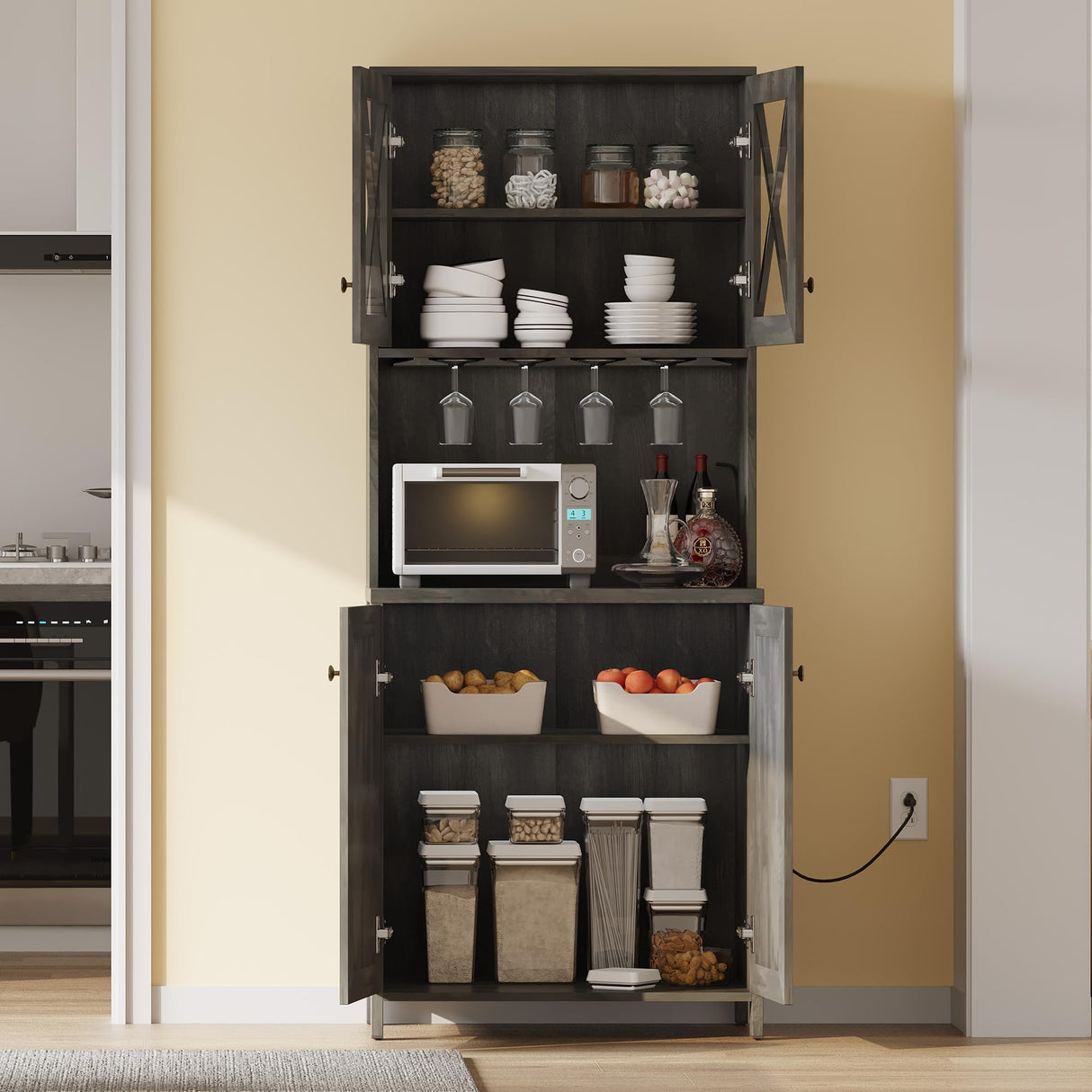 DWVO Farmhouse Kitchen Pantry Cabinet, 67" Tall Storage Cabinet w/Acrylic Glass Doors and Glass Holder, Versatile Storage for Living Room, Dining Room or Hallway, Charcoal Grey DWVO