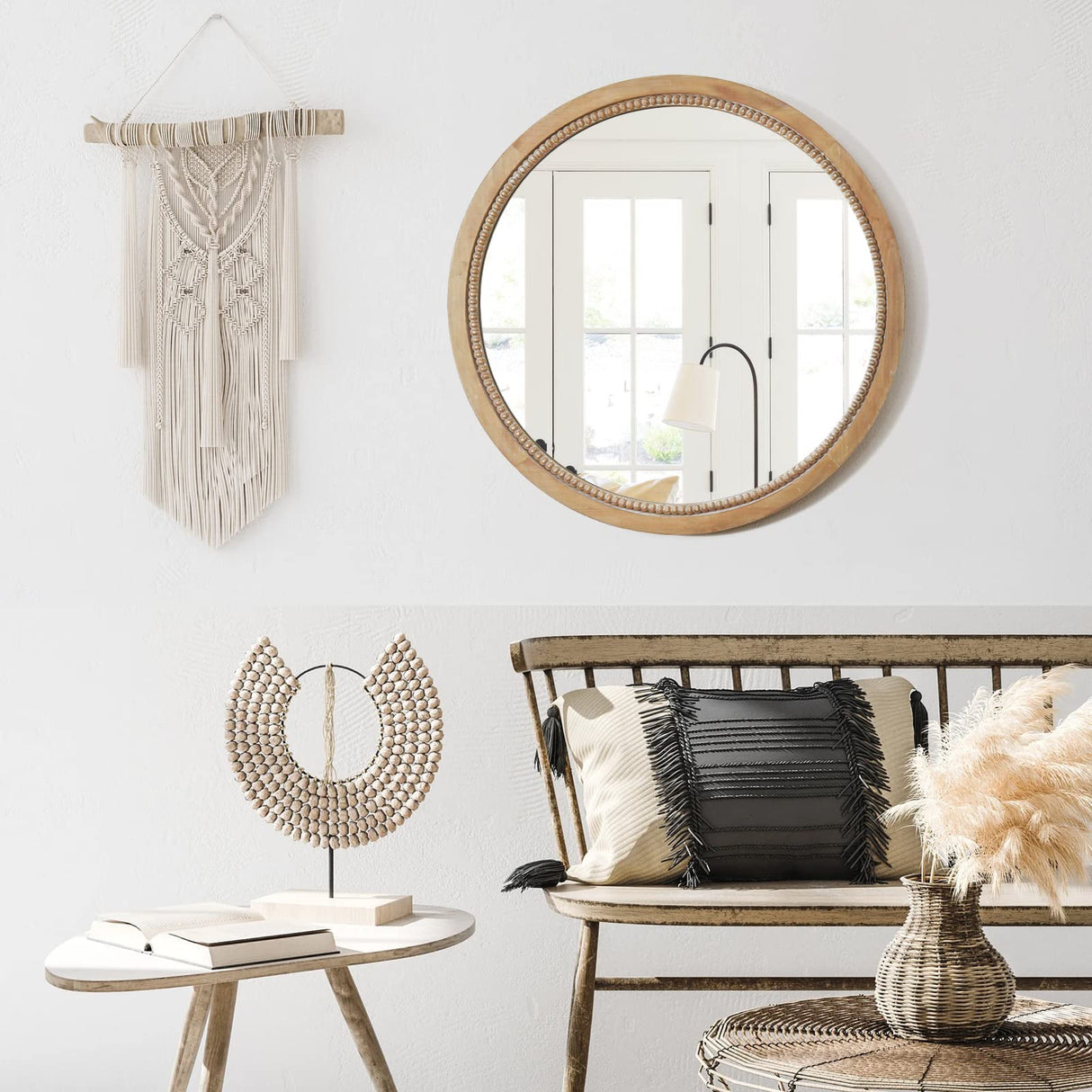 Sawsile Round Decorative Circle Farmhouse Style Mirror - 24inch Rustic Natural Wooden Frame Beads for Bedroom, Bathroom, Living Room or Entryway sawsile