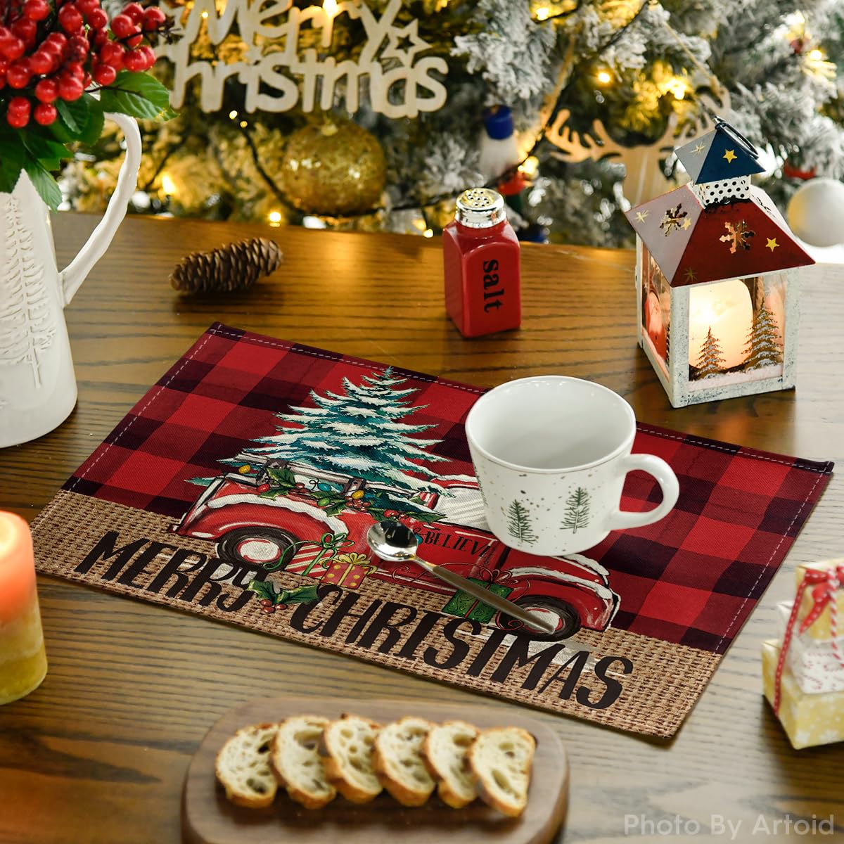 Artoid Mode Red and Black Buffalo Plaid Truck Merry Christmas Placemats Set of 4, 12x18 Inch Xmas Tree Winter Table Mats for Party Kitchen Dining Decoration Artoid Mode