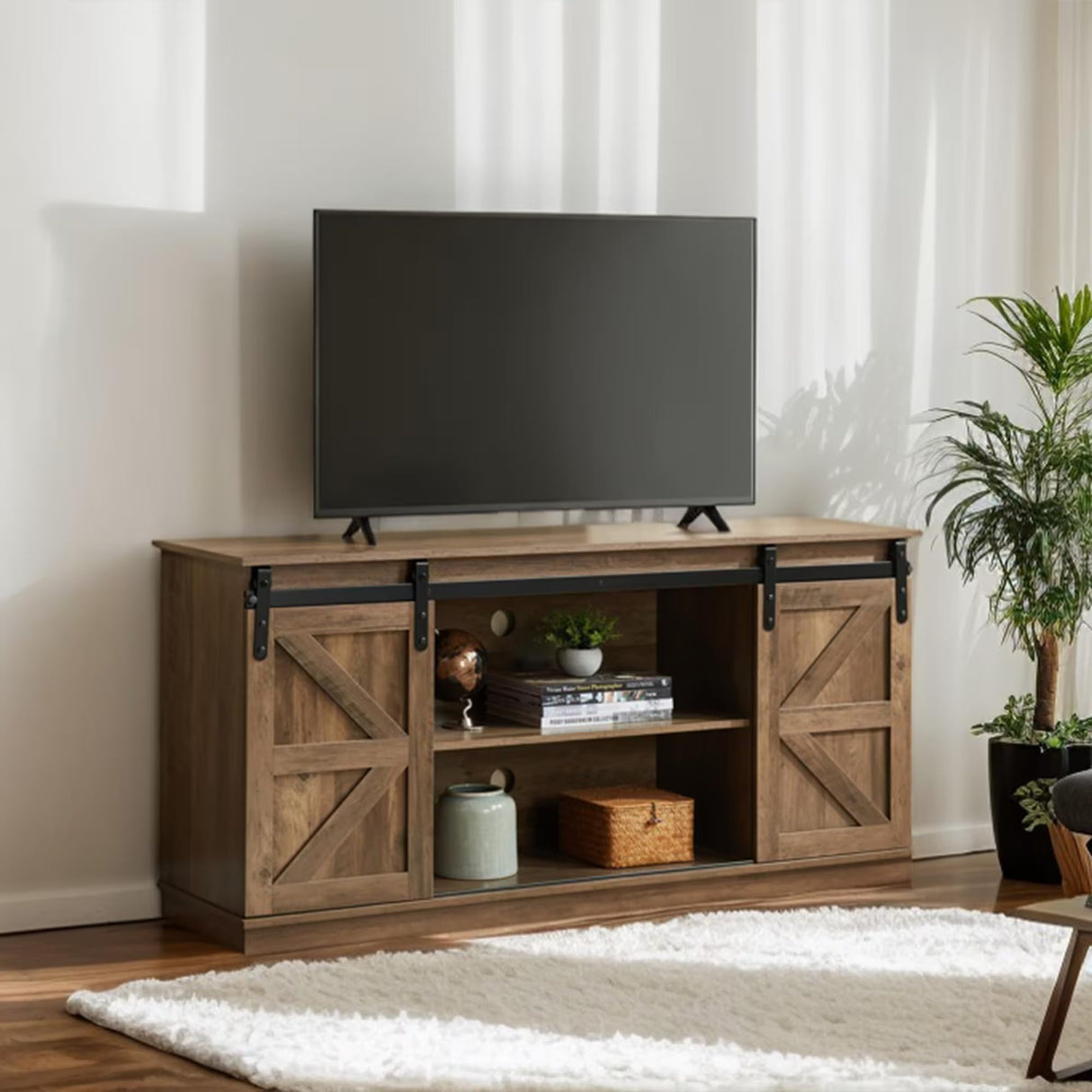 Homy Casa TV Stand for 65'' TV, Sliding Barn Door Modern & Farmhouse Wood Entertainment Center, Mid Century Storage Cabinet Table for Living Room with Adjustable Shelves, Natural Brown Homy Casa