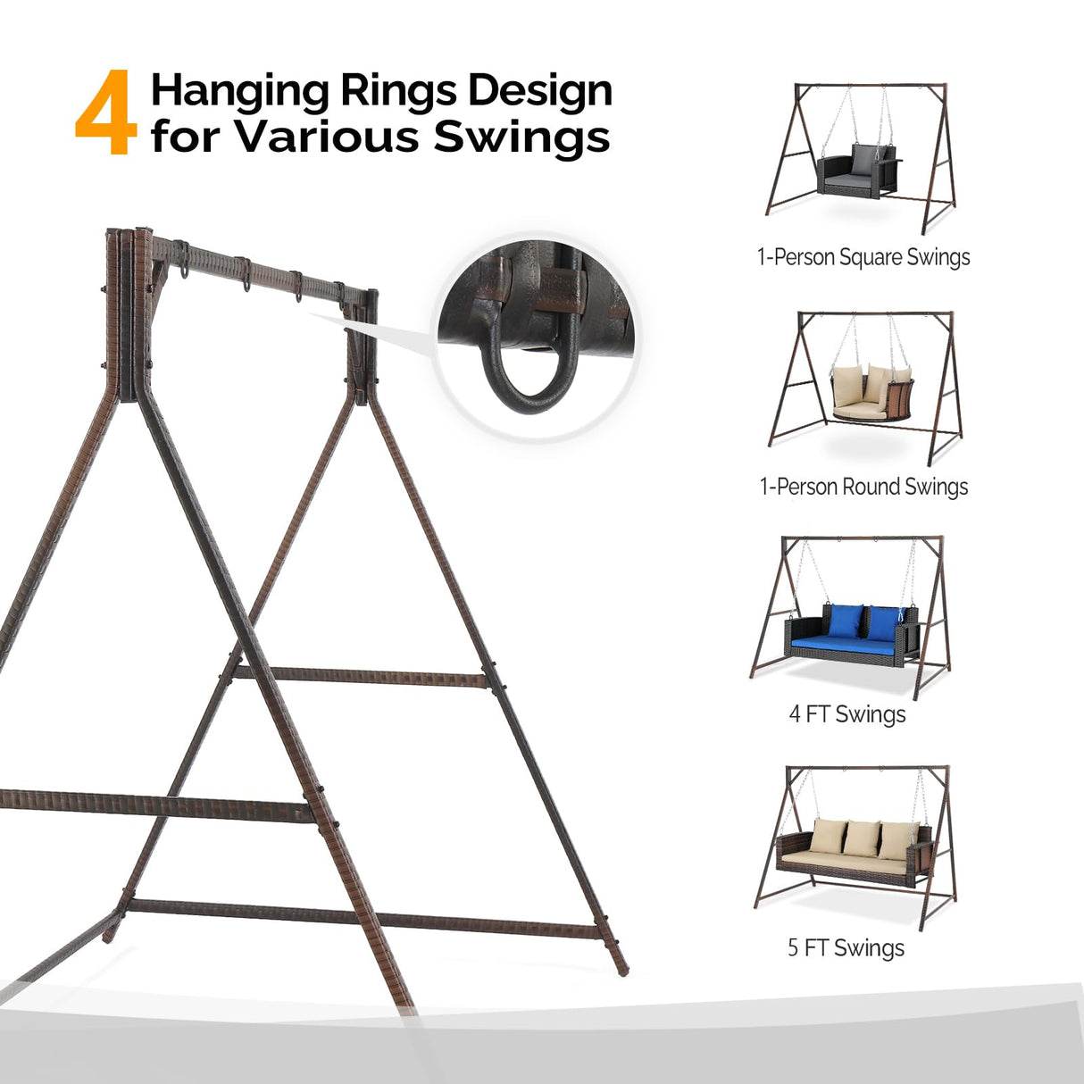 VINGLI Upgraded 7 FT Rattan Porch Swing Frame, Heavy Duty 1200 LBS Weight Capacity Swing Stand for Outdoors, Brown VINGLI