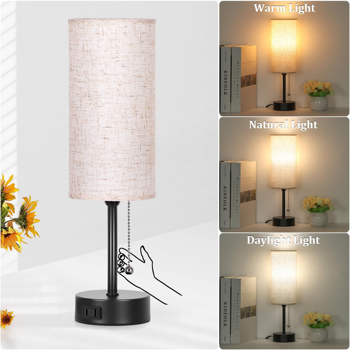 Dott Arts 15" Table Lamp for Bedroom, 3-Color Bedside Lamps with Pull Chain, Bedroom Table Lamps for Nightstand,AC Outlet Small Lamp for Living Room, Bulb Included Dott Arts