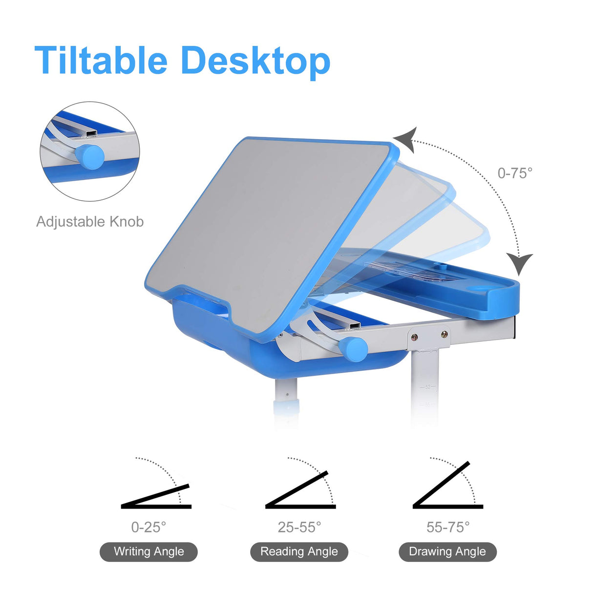 SMAGREHO Kids Desk and Chair Set, Height Adjustable Child's School Study Writing Tables with Tilt Desktop, LED Light, Storage Drawer, Book Stand (Blue) SMAGREHO