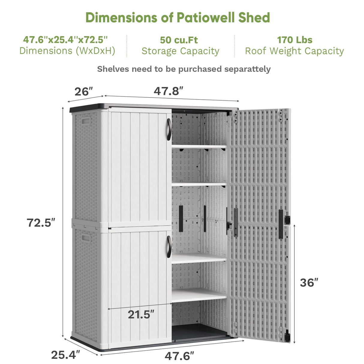 Patiowell 50 cu.ft Plastic Outdoor Storage Shed, Lockable Waterproof Resin Storage Cabinet Vertical Storage Shed for Garden Tools, Garbage Cans, Pool Supplies, White(Not Include Shelves) Patiowell