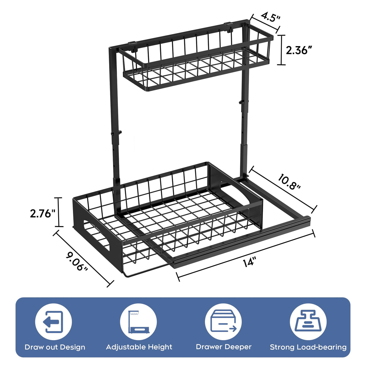 Under Sink Organizer , 2 Pack Height Adjustable Cabinet Organizer with Slide Out Drawer, Pull Out Under Sink Storage, Multi-Purpose 2 Tier Sink Shelves for Kitchen Bathroom Pantry (Black, 2 Pack) Fabutier