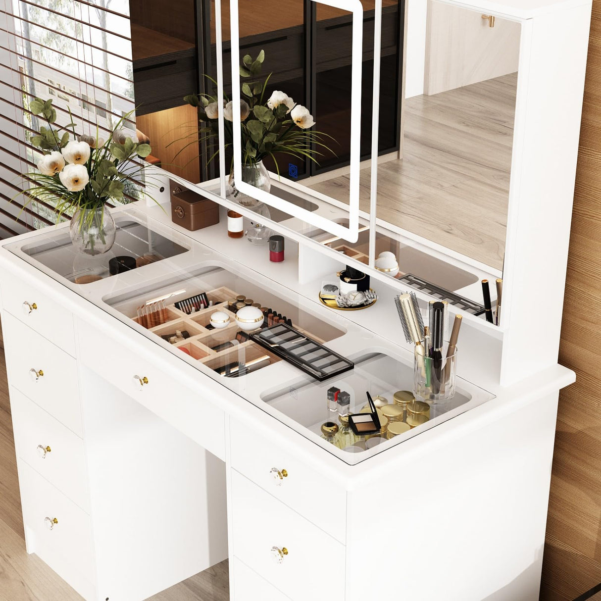 MOUMON Large Vanity Desk with Open Mirror and Glass Tabletop, Vanity Desk with Mirror and Lights, Drawers and Shelves, Crystal Handles, Cushion Stool not Included, White (43.3”W x 19.7”D x 53.6”H) MOUMON