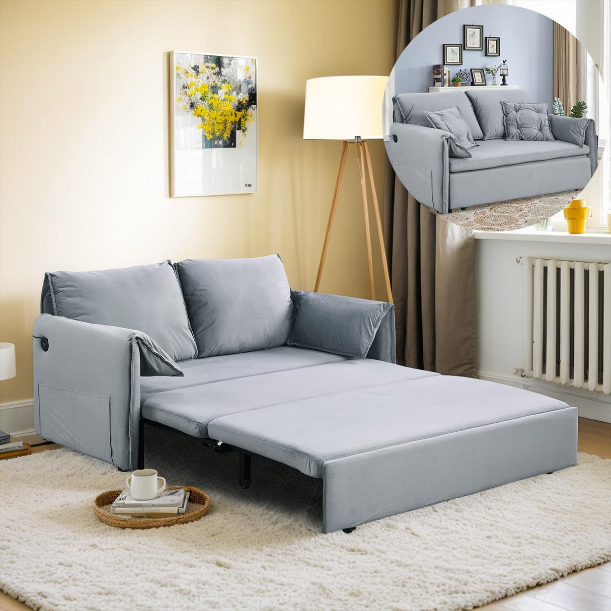 Queen Size Futon Sofa Bed,3-in-1 Convertible Sleeper Sofa Bed,Velvet Pull Out Bed with USB Port,Side Storage,2 Soft Pillows,Recliner Loveseat Sofa for Living Room,Small Space(Grey) Otnqu