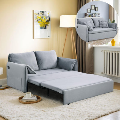 Queen Size Futon Sofa Bed,3-in-1 Convertible Sleeper Sofa Bed,Velvet Pull Out Bed with USB Port,Side Storage,2 Soft Pillows,Recliner Loveseat Sofa for Living Room,Small Space(Grey)