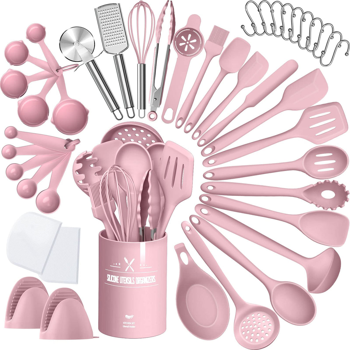 Silicone Cooking Kitchen Utensil Set, AIKKIL 43 Pcs Pink Cooking Utensils Set, Turner, Tongs, Spoon, Spatula, Kitchen Gadgets Tools Set For Nonstick Cookware, Heat Resistant (Dishwasher, BPA Free) AIKKIL
