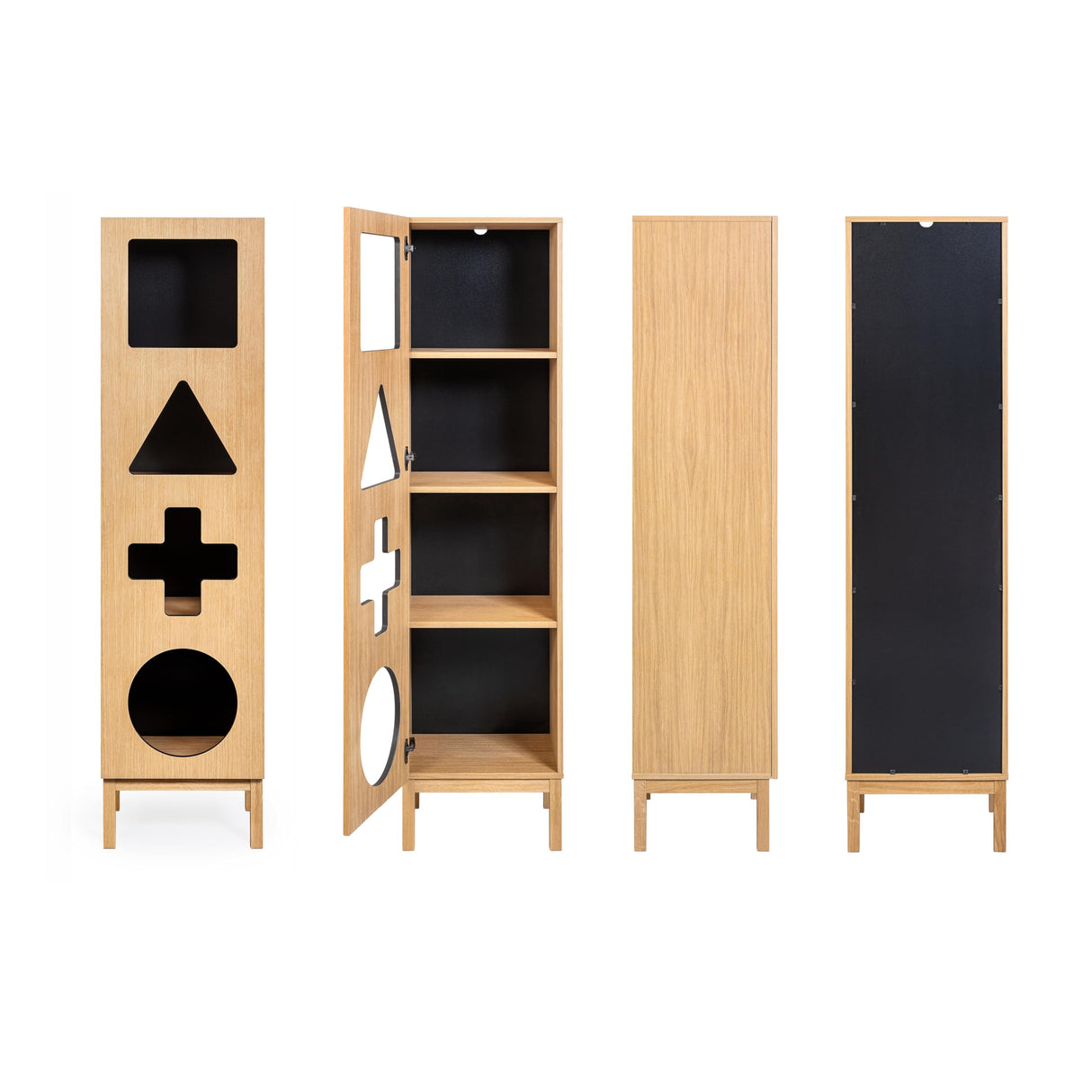 WERMO 18’’ Showcase Display Cabinet with Geometric Cut-Out Doors - Modern Curio Cabinet for Dining Room, Living Room, Entryway. Trophy Case and Collectible Display Case Wood with Door & Storage (Oak) WERMO