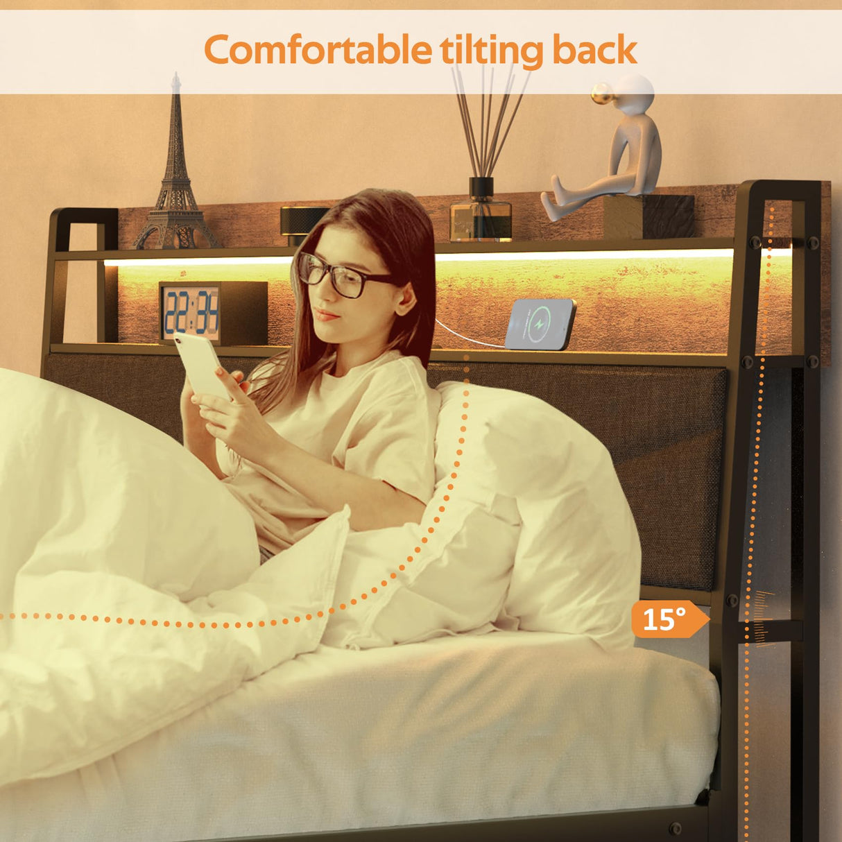 Winkalon Queen Bed Frame, Storage Headboard with Charging Station,Platform Bed Frame with RGB Lights, Solid and Stable, Noise Free, No Box Spring Needed, Easy Assembly,Gray Winkalon