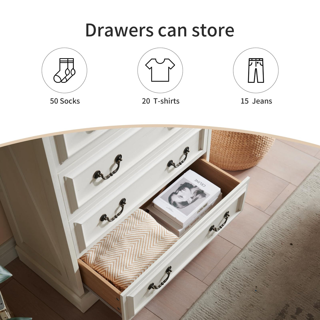 systemktesm Farmhouse 5 Drawers Dresser for Bedroom, 46" Tall Modern Chest of Drawers with Metal Handle, Rustic Dresser TV Stand, Wood Drawer Organizer for Bedroom, Living Room, Hallway (White) systemktesm