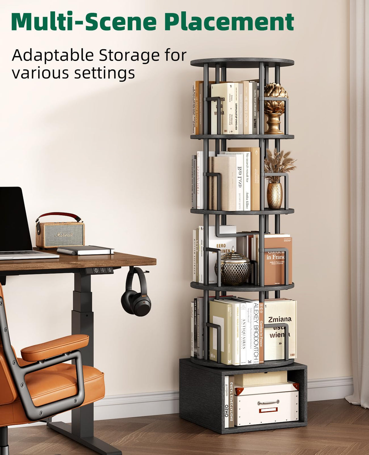Kalrin 5 Tier Rotating Bookshelf with Extra Storage Cabinet, 360°Spinning Corner Bookshelf, Floor Standing Bookcase for Kids & Adult, Narrow Book Shelf for Bedroom Living Room, Pure Black Kalrin