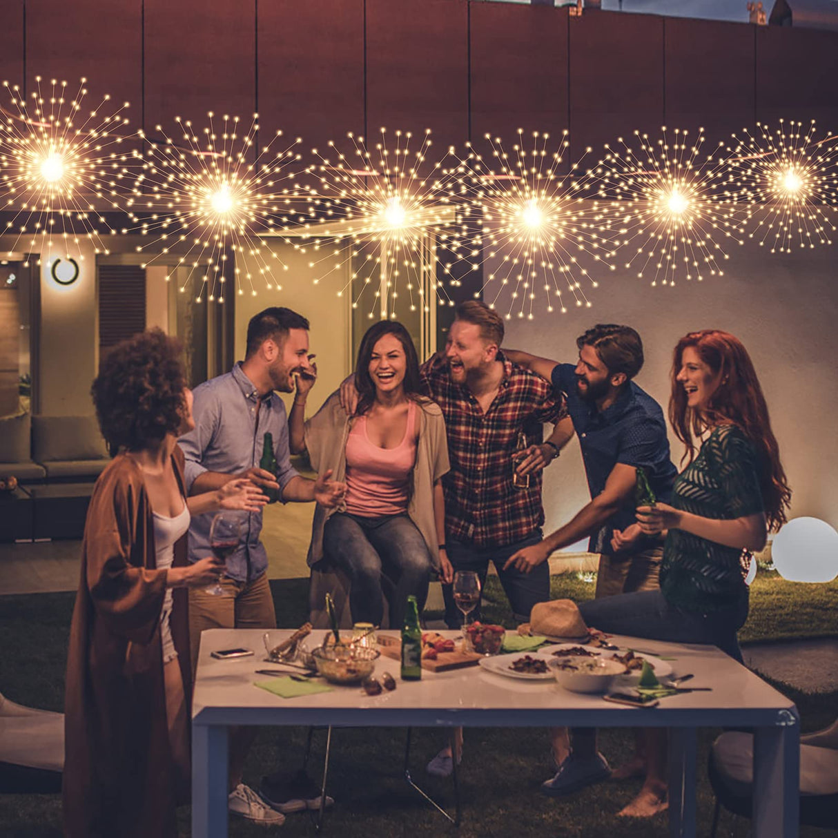 PXBNIUYA 4 Pack Starburst Sphere Lights,200 LED Firework Lights, 8 Modes Dimmable Remote Control Waterproof Hanging Fairy Light, Copper Wire Lights for Patio Parties Christmas (Battery Operated) PXBNIUYA