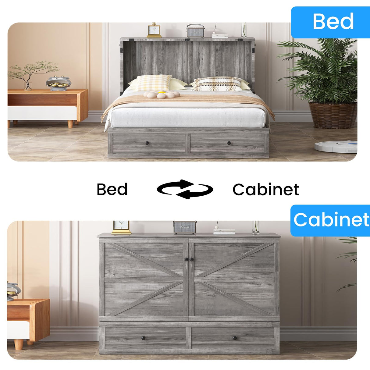 PUREMIND Queen Murphy Bed Cabinet with Mattress Included, Bedroom Cabinet Beds with USB Charging Station, Murphy Chest Bed with Storage Drawers, Horizontal Wallbed for Guest Room Grey PUREMIND
